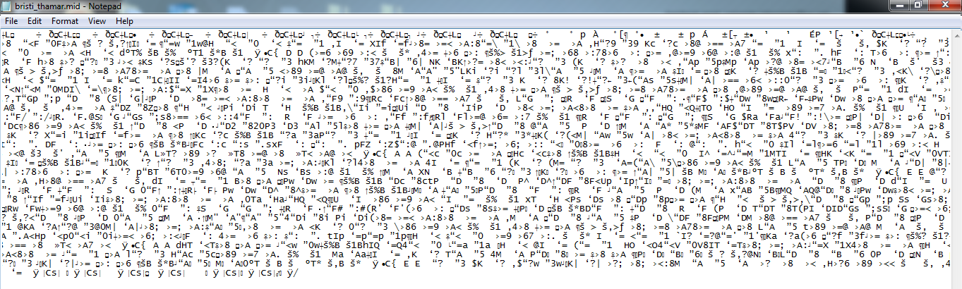 A MIDI file opened in Notepad